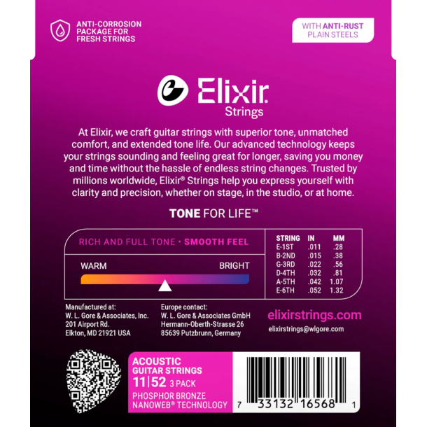 Elixir Nanoweb Acoustic Phosphor Bronze 16568 3 Pack Custom Light 11-52